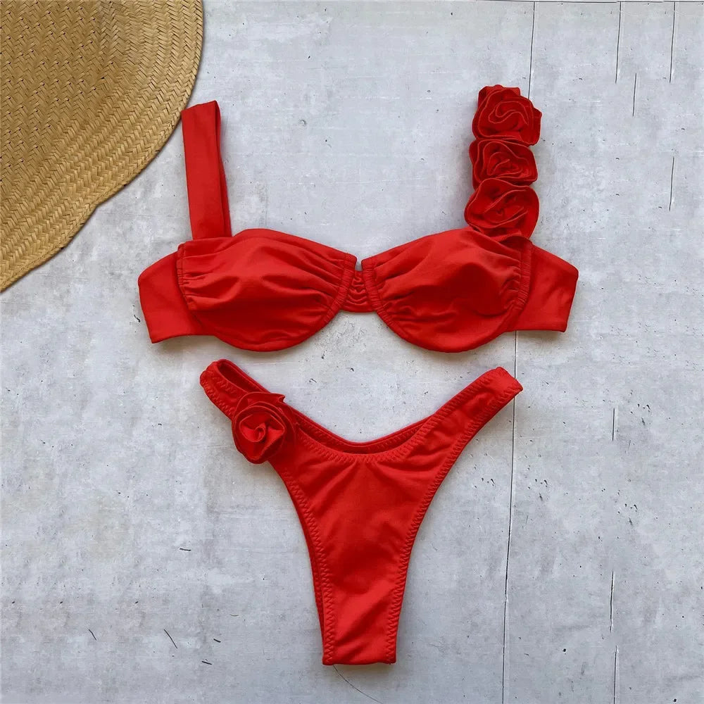 Chic Floral Beach Bikini - Red