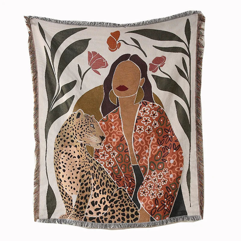 Exotic Boho Throw Blanket Lady & Leopard