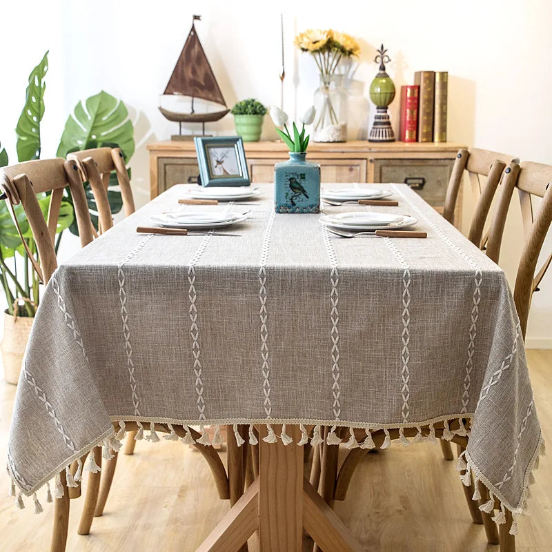 Scandinavian Stripe Tassel Tablecloth Brown