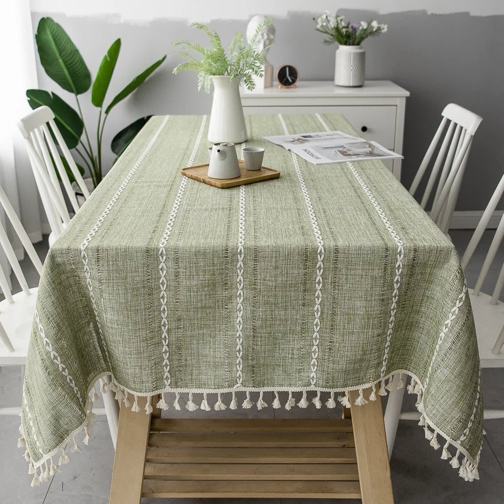 Scandinavian Stripe Tassel Tablecloth Green